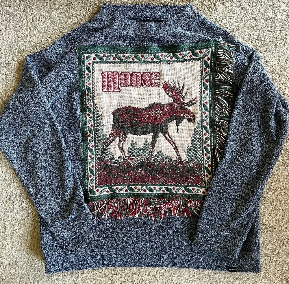 Moose tapestry crewneck sweatshirt, fringed, reworked, upcycled  sz Xl